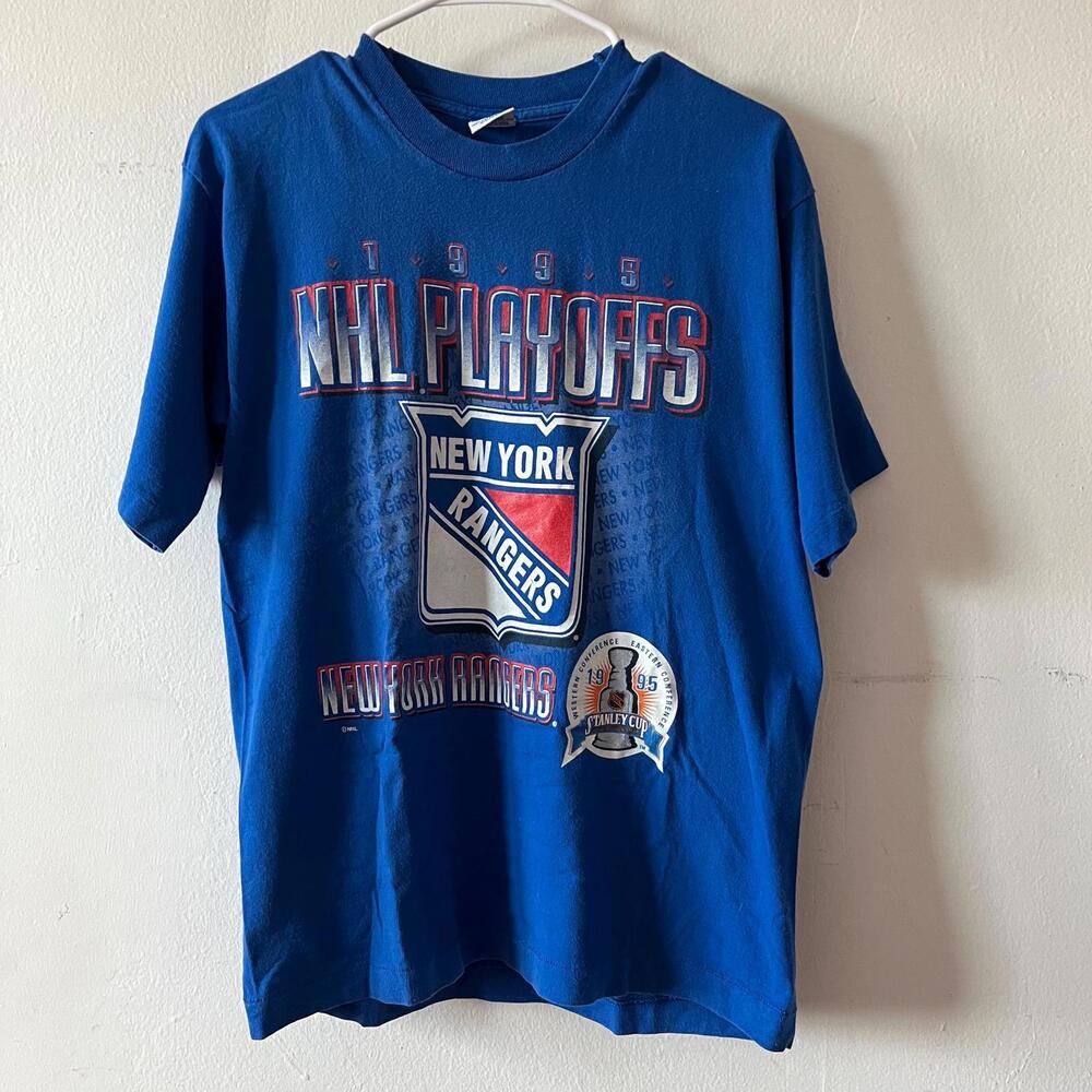 Vintage 1995 NHL Playoffs New York Rangers T-Shirt, Blue Graphic Tee Stanley Cup